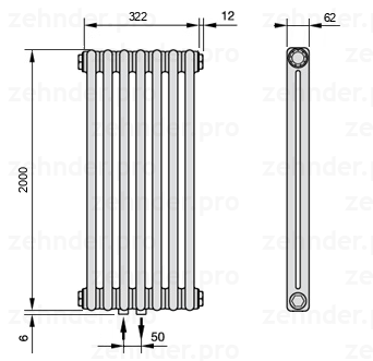 Схема (чертеж) Радиатор Zehnder Charleston 2200/7 №3470 Белый глянцевый RAL 9016